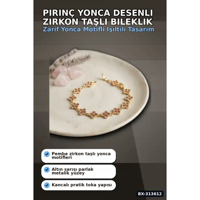 Pirinç Yonca Desenli Zirkon Taşlı Kadın Bileklik - Tekli Paket, Rengi Zarif Aksesuar BX-313612