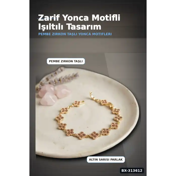 Pirinç Yonca Desenli Zirkon Taşlı Kadın Bileklik - Tekli Paket, Rengi Zarif Aksesuar BX-313612