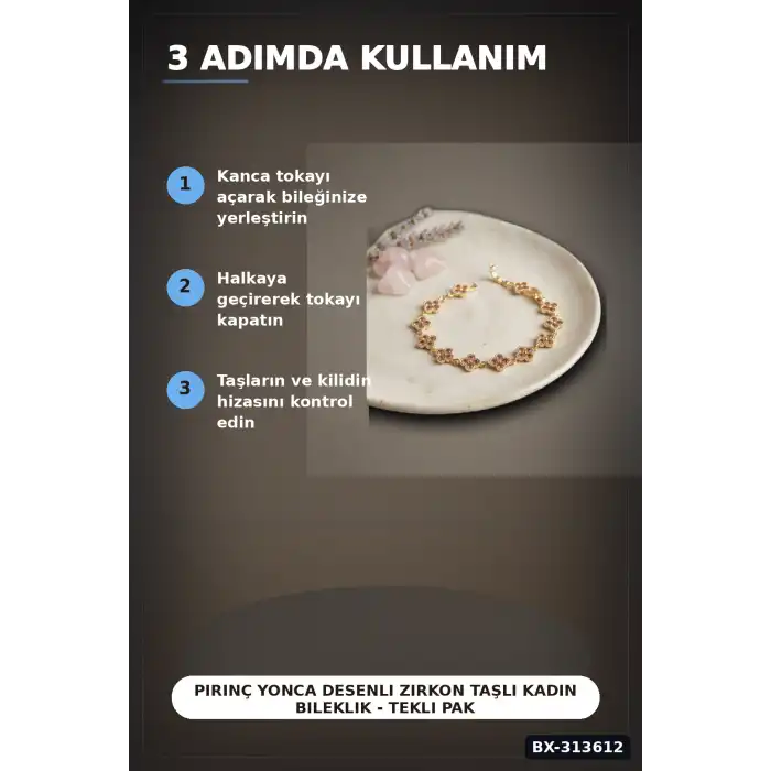Pirinç Yonca Desenli Zirkon Taşlı Kadın Bileklik - Tekli Paket, Rengi Zarif Aksesuar BX-313612