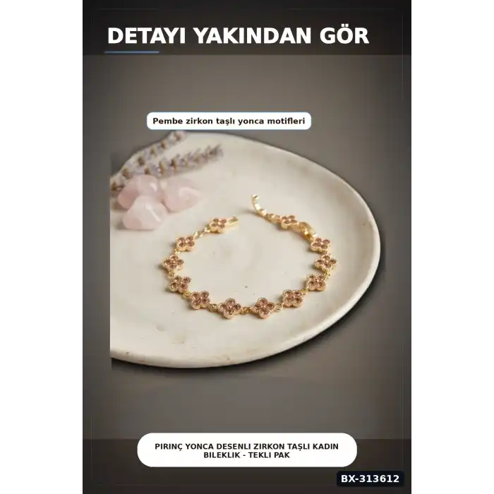 Pirinç Yonca Desenli Zirkon Taşlı Kadın Bileklik - Tekli Paket, Rengi Zarif Aksesuar BX-313612