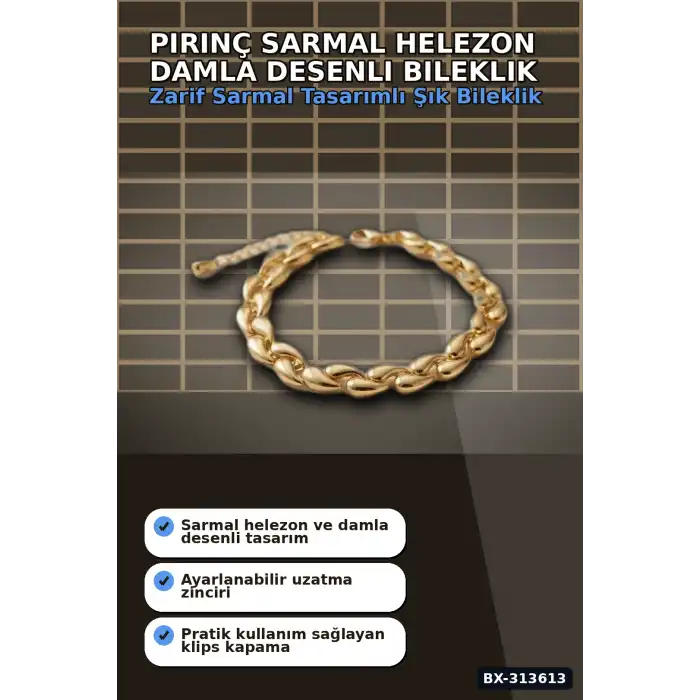 Pirinç Sarmal Helezon Damla Desenli 18 cm Kadın Bileklik - Tekli Paket BX-313613