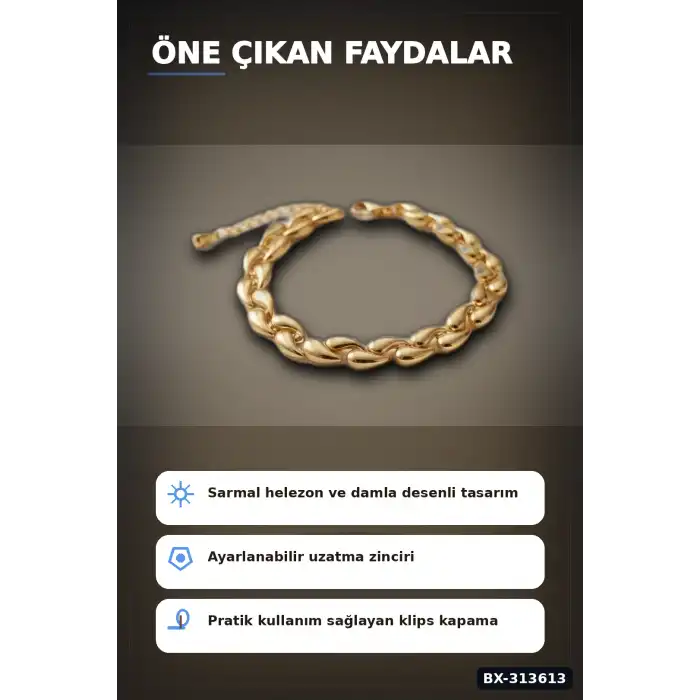Pirinç Sarmal Helezon Damla Desenli 18 cm Kadın Bileklik - Tekli Paket BX-313613