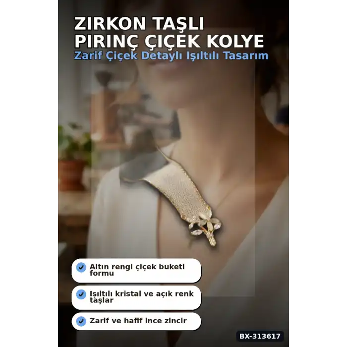 Zirkon Taşlı Pirinç Çiçek Kolye 45 cm Zincirli Görünümlü Kadın Takısı BX-313617