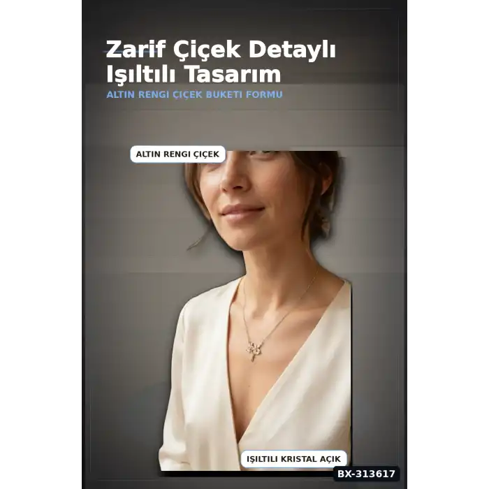 Zirkon Taşlı Pirinç Çiçek Kolye 45 cm Zincirli Görünümlü Kadın Takısı BX-313617