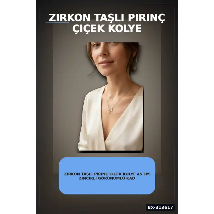 Zirkon Taşlı Pirinç Çiçek Kolye 45 cm Zincirli Görünümlü Kadın Takısı BX-313617