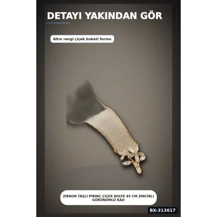 Zirkon Taşlı Pirinç Çiçek Kolye 45 cm Zincirli Görünümlü Kadın Takısı BX-313617