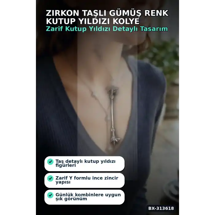 Zirkon Taşlı Gümüş Renk Kutup Yıldızı Kolye - 45 cm Pirinç Zincir Kadın Takı BX-313618