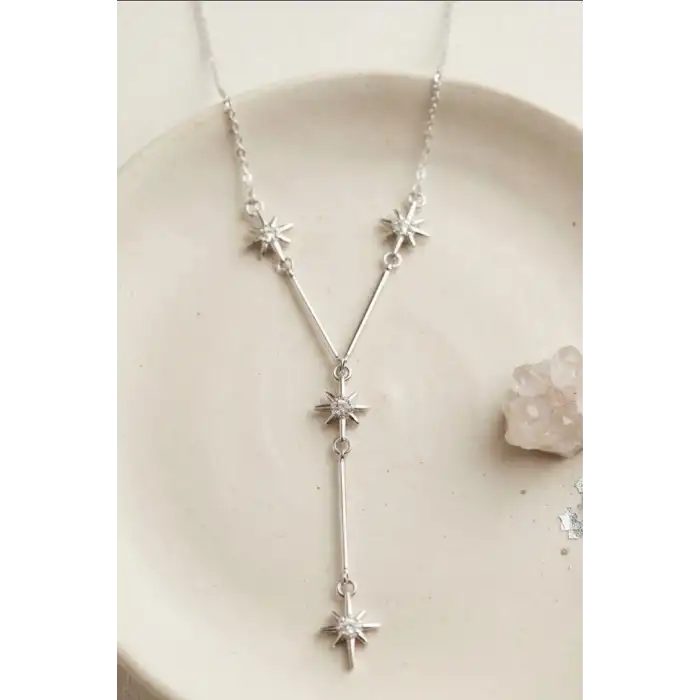 Zirkon Taşlı Gümüş Renk Kutup Yıldızı Kolye - 45 cm Pirinç Zincir Kadın Takı BX-313618