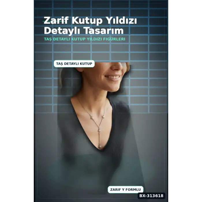Zirkon Taşlı Gümüş Renk Kutup Yıldızı Kolye - 45 cm Pirinç Zincir Kadın Takı BX-313618