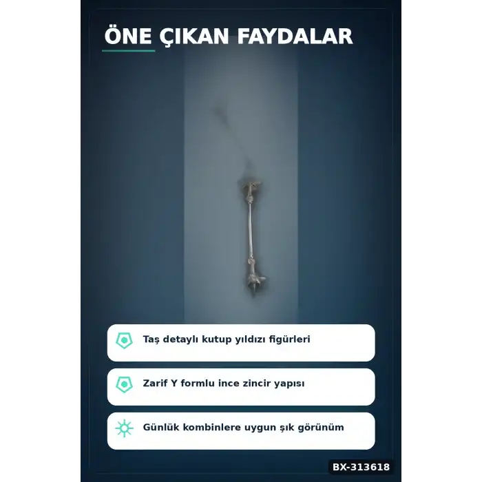 Zirkon Taşlı Gümüş Renk Kutup Yıldızı Kolye - 45 cm Pirinç Zincir Kadın Takı BX-313618
