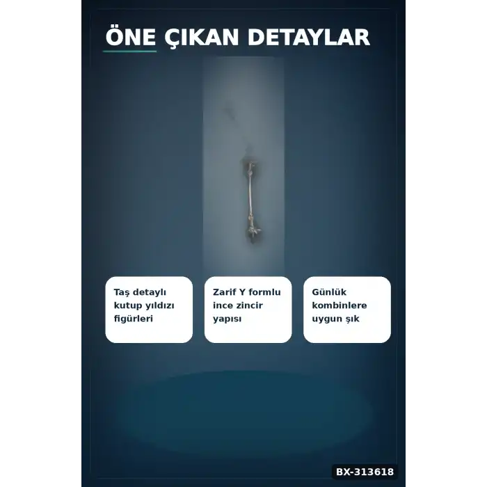 Zirkon Taşlı Gümüş Renk Kutup Yıldızı Kolye - 45 cm Pirinç Zincir Kadın Takı BX-313618