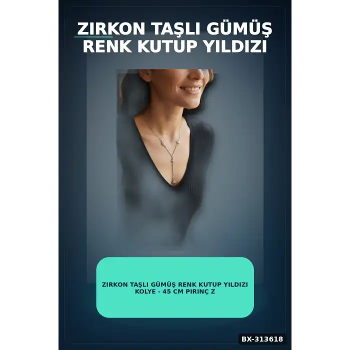 Zirkon Taşlı Gümüş Renk Kutup Yıldızı Kolye - 45 cm Pirinç Zincir Kadın Takı BX-313618