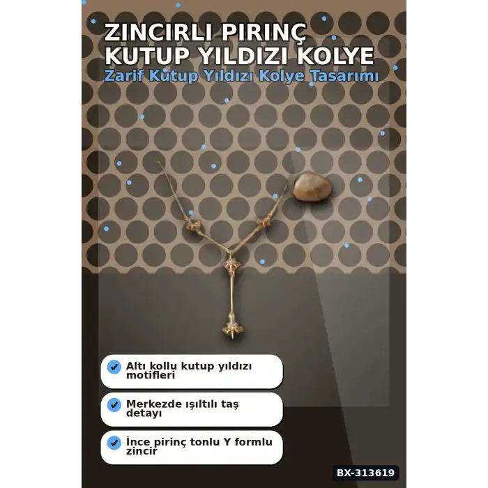 45 Cm Zincirli Pirinç Kutup Yıldızı Kolye - Zirkon Taşlı Kadın Bijuteri Takı BX-313619