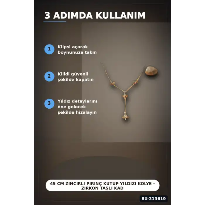 45 Cm Zincirli Pirinç Kutup Yıldızı Kolye - Zirkon Taşlı Kadın Bijuteri Takı BX-313619