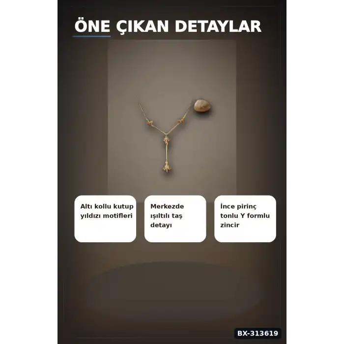 45 Cm Zincirli Pirinç Kutup Yıldızı Kolye - Zirkon Taşlı Kadın Bijuteri Takı BX-313619