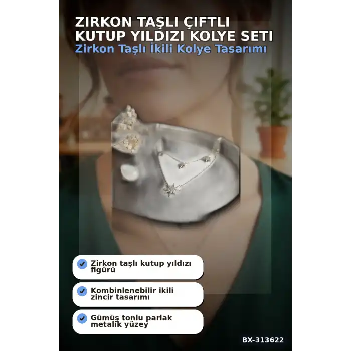 Zirkon Taşlı Çiftli Kutup Yıldızı Kolye 2 Adet 45 cm Zincir Pirinç Kadın Takı BX-313622