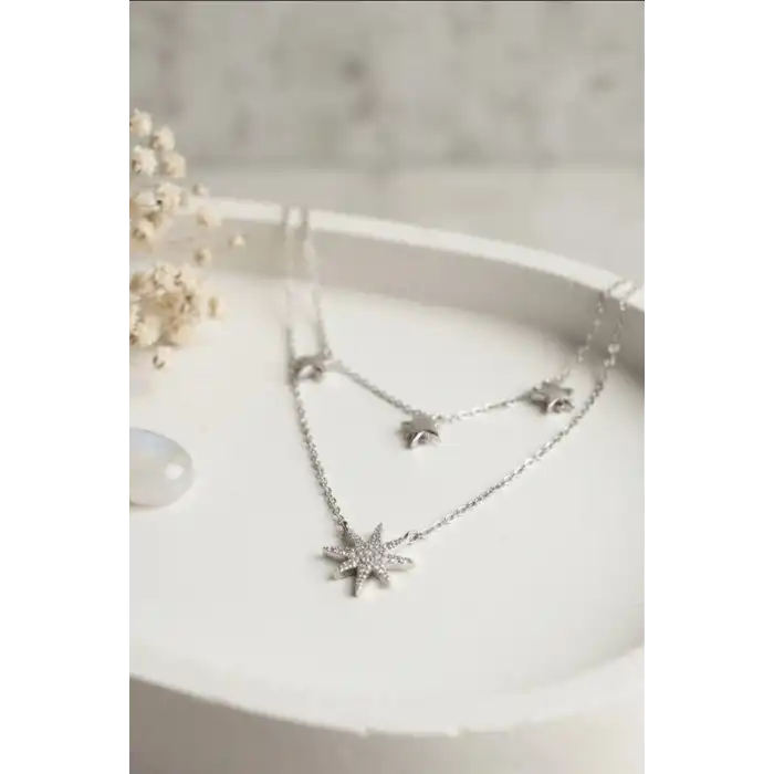 Zirkon Taşlı Çiftli Kutup Yıldızı Kolye 2 Adet 45 cm Zincir Pirinç Kadın Takı BX-313622