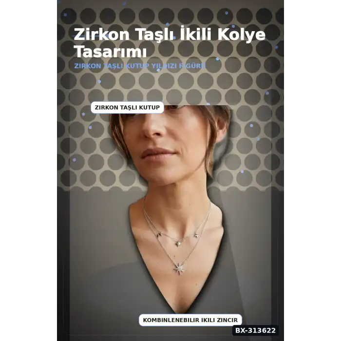 Zirkon Taşlı Çiftli Kutup Yıldızı Kolye 2 Adet 45 cm Zincir Pirinç Kadın Takı BX-313622