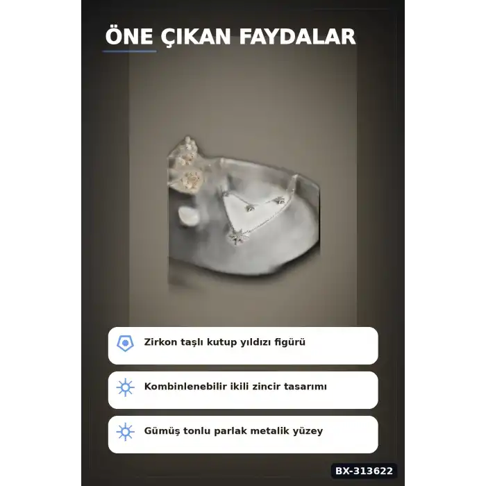 Zirkon Taşlı Çiftli Kutup Yıldızı Kolye 2 Adet 45 cm Zincir Pirinç Kadın Takı BX-313622