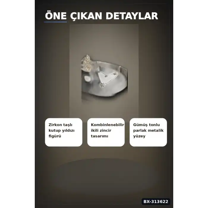 Zirkon Taşlı Çiftli Kutup Yıldızı Kolye 2 Adet 45 cm Zincir Pirinç Kadın Takı BX-313622