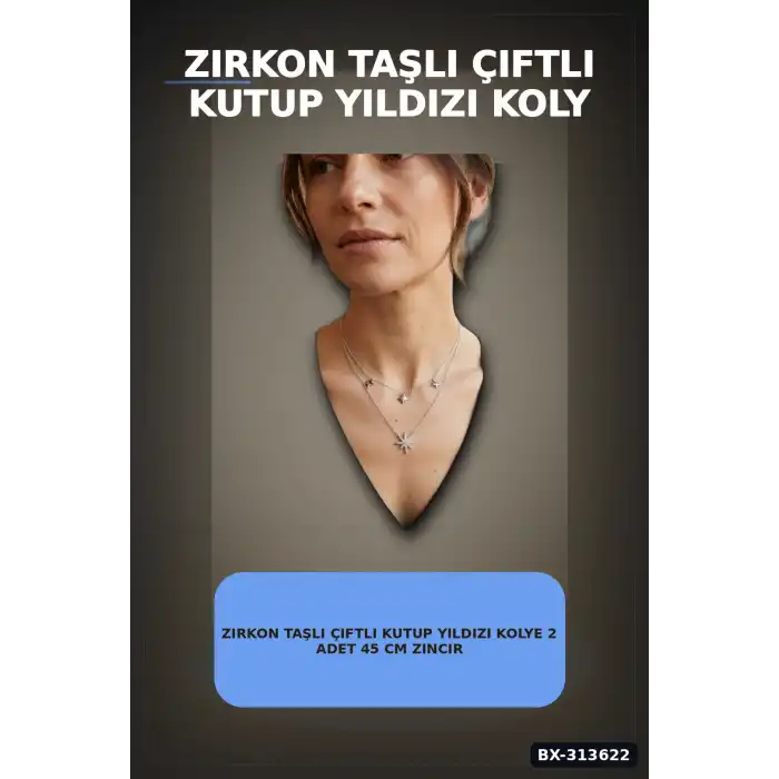 Zirkon Taşlı Çiftli Kutup Yıldızı Kolye 2 Adet 45 cm Zincir Pirinç Kadın Takı BX-313622