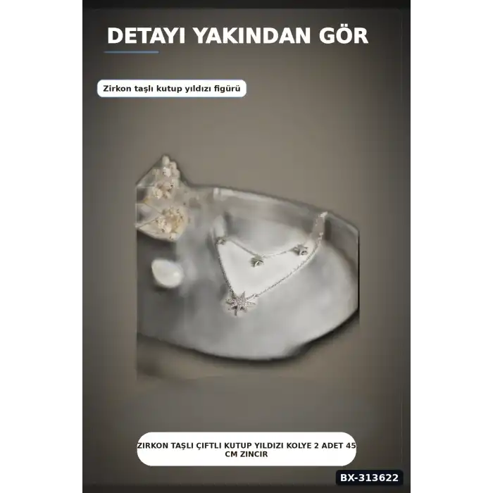 Zirkon Taşlı Çiftli Kutup Yıldızı Kolye 2 Adet 45 cm Zincir Pirinç Kadın Takı BX-313622