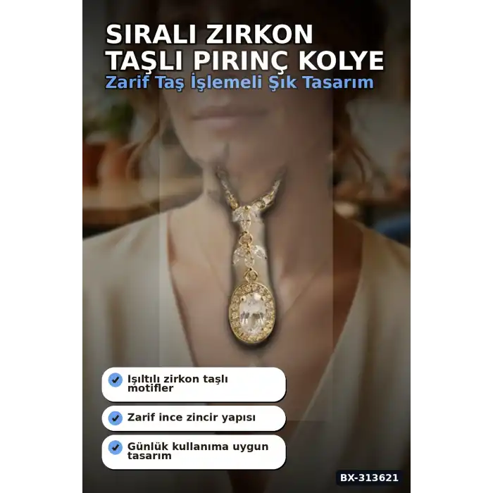 Sıralı Zirkon Taşlı Pirinç Gold Renk Model Kadın Kolye 45 cm Zincir Hediyelik BX-313621