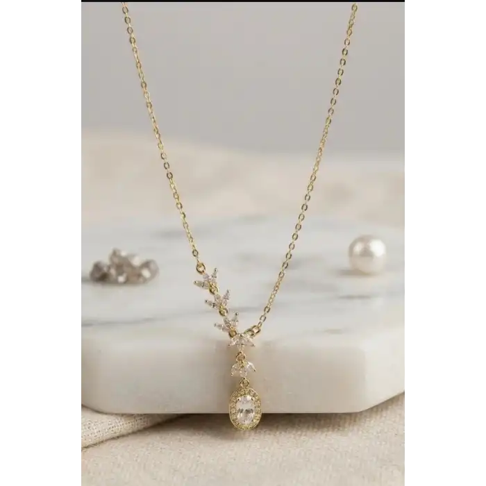 Sıralı Zirkon Taşlı Pirinç Gold Renk Model Kadın Kolye 45 cm Zincir Hediyelik BX-313621