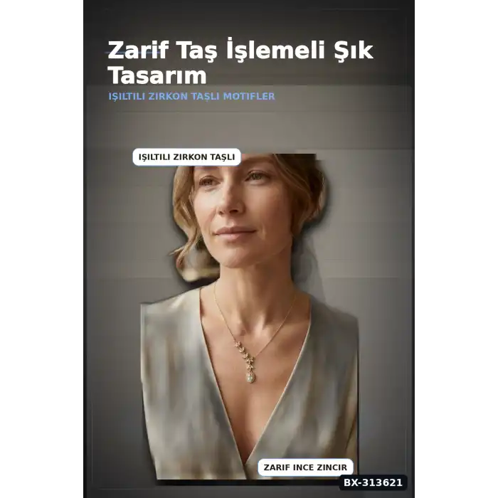 Sıralı Zirkon Taşlı Pirinç Gold Renk Model Kadın Kolye 45 cm Zincir Hediyelik BX-313621