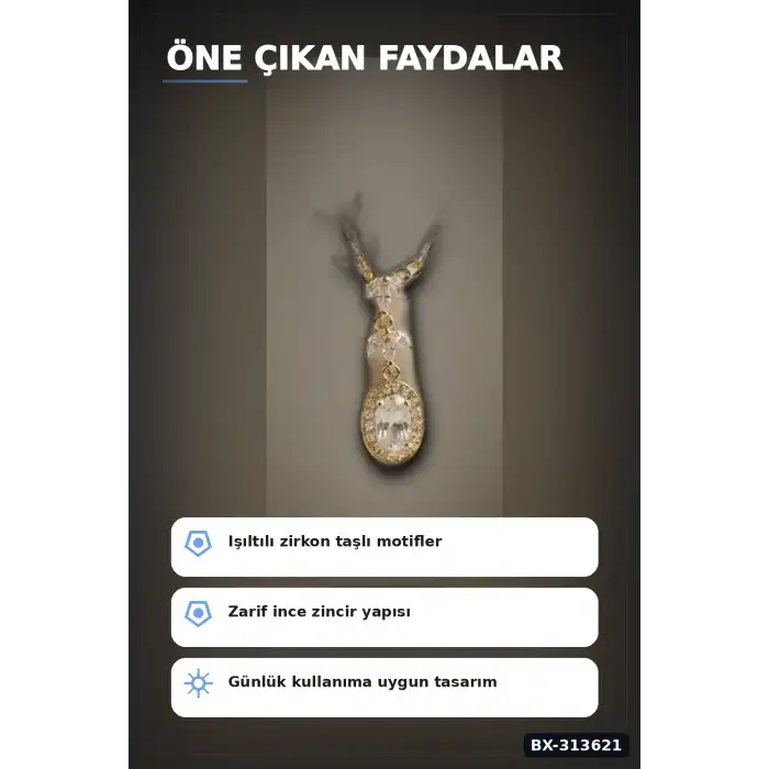 Sıralı Zirkon Taşlı Pirinç Gold Renk Model Kadın Kolye 45 cm Zincir Hediyelik BX-313621
