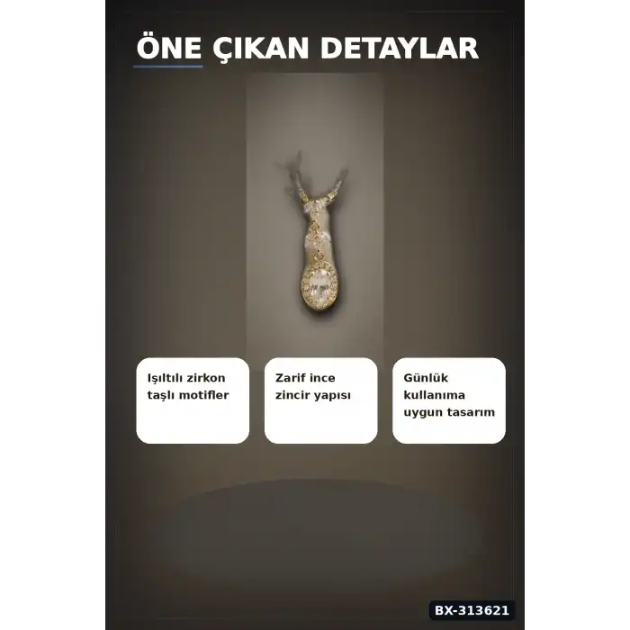 Sıralı Zirkon Taşlı Pirinç Gold Renk Model Kadın Kolye 45 cm Zincir Hediyelik BX-313621