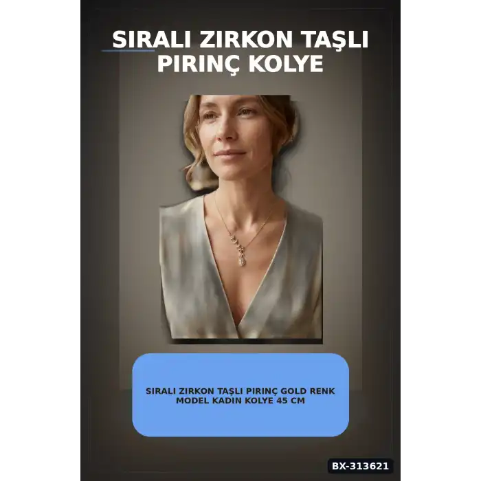 Sıralı Zirkon Taşlı Pirinç Gold Renk Model Kadın Kolye 45 cm Zincir Hediyelik BX-313621