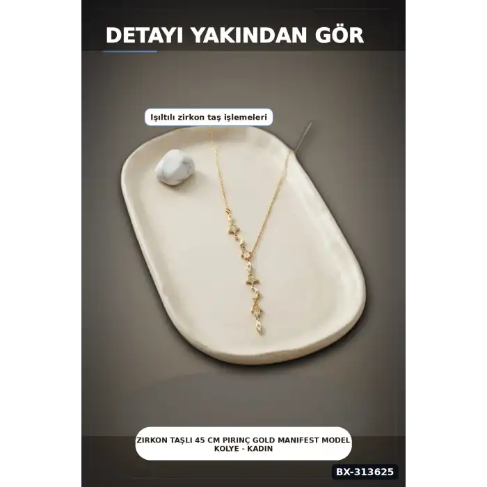 Zirkon Taşlı 45 Cm Pirinç Gold Manifest Model Kolye - Kadın Takı Aksesuar BX-313625