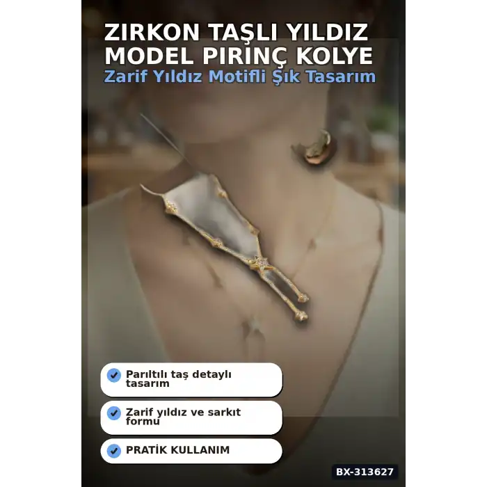 Zirkon Taşlı Yıldız Model Pirinç Kolye - 45 cm Zincir Uzunluğu, Kadın İçin BX-313627