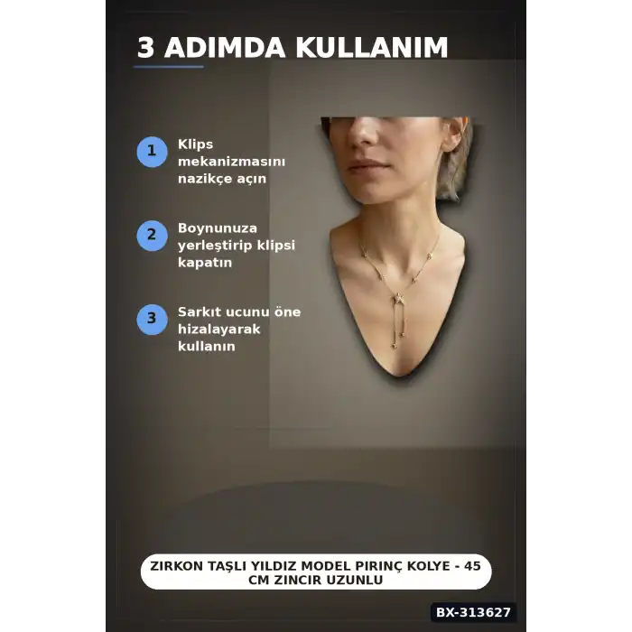 Zirkon Taşlı Yıldız Model Pirinç Kolye - 45 cm Zincir Uzunluğu, Kadın İçin BX-313627