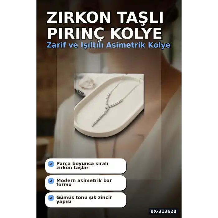 Zirkon Taşlı Pirinç Kadın Kolye - 45 cm Bar Tasarım, Gümüş Tonunda Tekli Ürün BX-313628