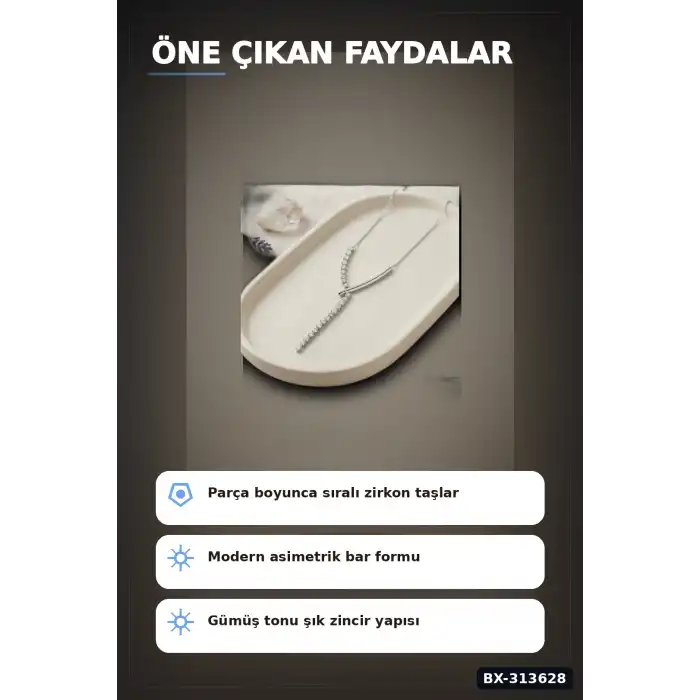 Zirkon Taşlı Pirinç Kadın Kolye - 45 cm Bar Tasarım, Gümüş Tonunda Tekli Ürün BX-313628