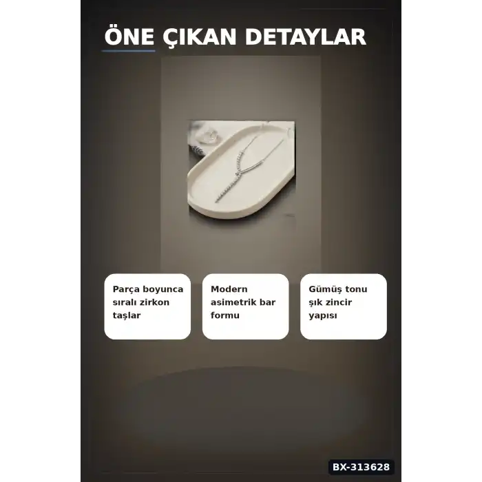 Zirkon Taşlı Pirinç Kadın Kolye - 45 cm Bar Tasarım, Gümüş Tonunda Tekli Ürün BX-313628