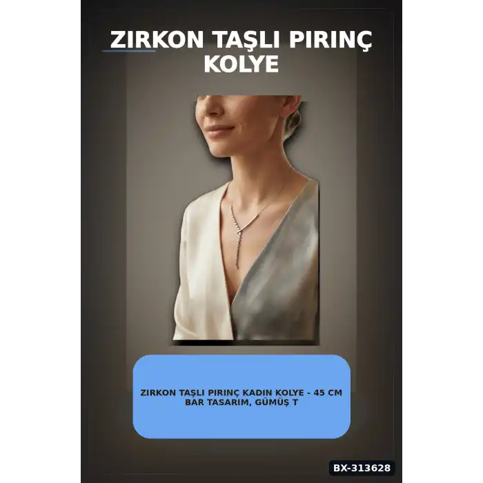 Zirkon Taşlı Pirinç Kadın Kolye - 45 cm Bar Tasarım, Gümüş Tonunda Tekli Ürün BX-313628