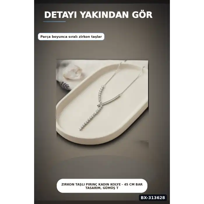 Zirkon Taşlı Pirinç Kadın Kolye - 45 cm Bar Tasarım, Gümüş Tonunda Tekli Ürün BX-313628