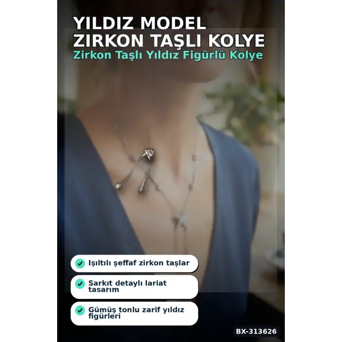 Pirinç Gümüş Tonu Zirkon Taşlı Yıldız Model Kadın Kolye 45 cm Takı Aksesuar BX-313626