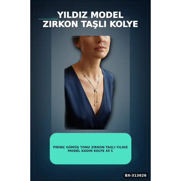 Pirinç Gümüş Tonu Zirkon Taşlı Yıldız Model Kadın Kolye 45 cm Takı Aksesuar BX-313626