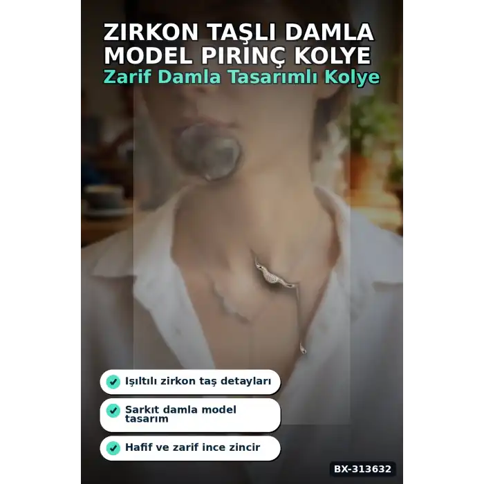 Zirkon Taşlı Damla Model Pirinç Kadın Kolyesi, 45 cm Zincirli Gümüş Renk Takı BX-313632
