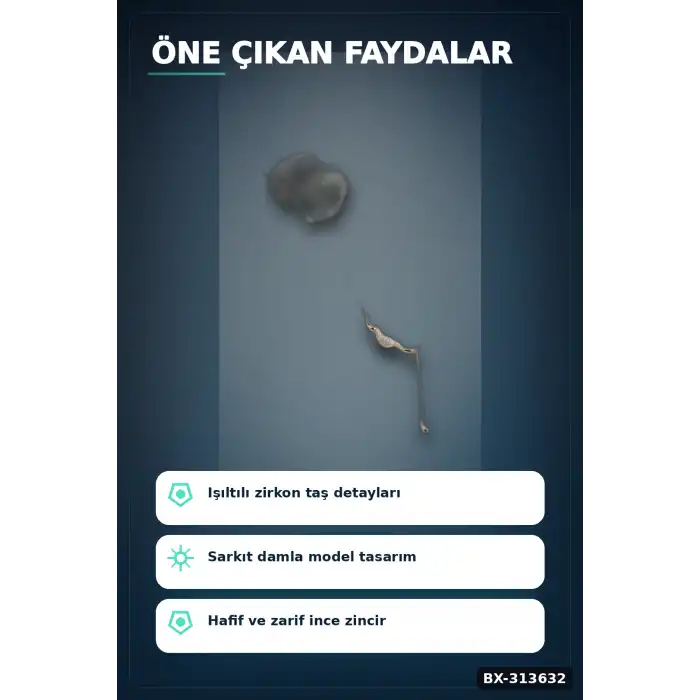 Zirkon Taşlı Damla Model Pirinç Kadın Kolyesi, 45 cm Zincirli Gümüş Renk Takı BX-313632