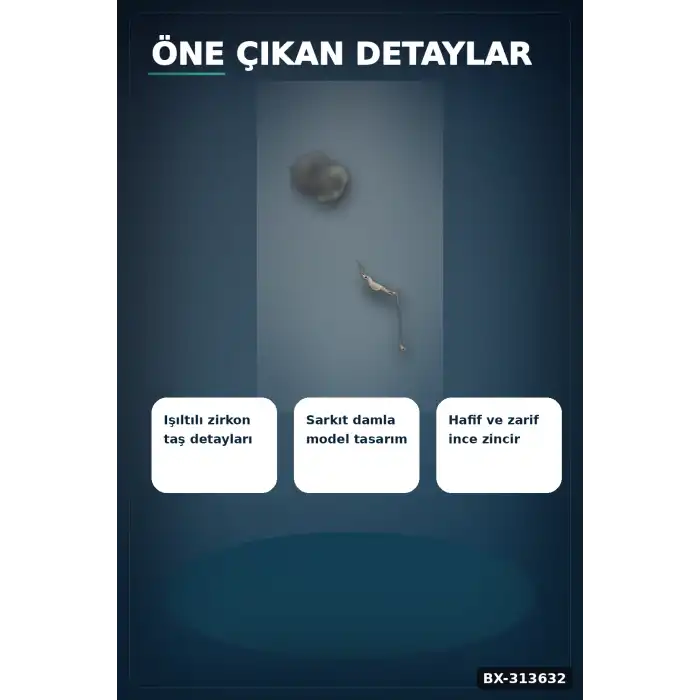 Zirkon Taşlı Damla Model Pirinç Kadın Kolyesi, 45 cm Zincirli Gümüş Renk Takı BX-313632