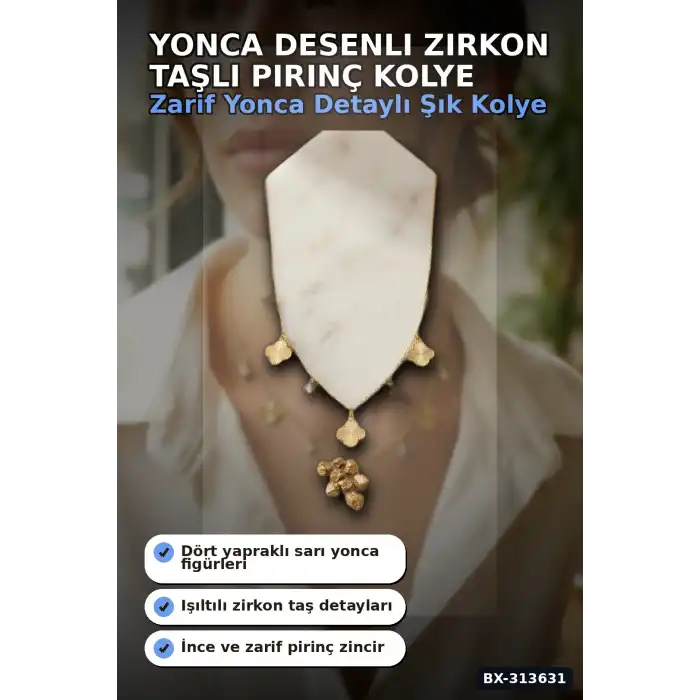 Yonca Desenli Zirkon Taşlı 45 Cm Pirinç Bijuteri Kolye - Günlük Kullanıma Uygun BX-313631