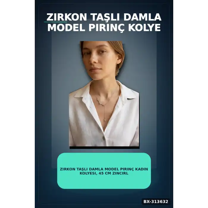 Zirkon Taşlı Damla Model Pirinç Kadın Kolyesi, 45 cm Zincirli Gümüş Renk Takı BX-313632