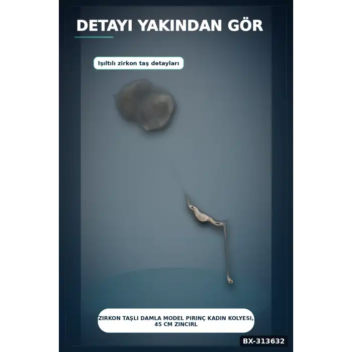 Zirkon Taşlı Damla Model Pirinç Kadın Kolyesi, 45 cm Zincirli Gümüş Renk Takı BX-313632
