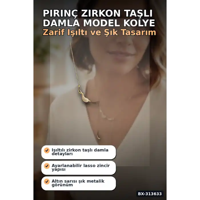 45 Cm Pirinç Gold Renk Zirkon Taşlı Damla Model Kadın Kolye - Tek Parça Takı BX-313633