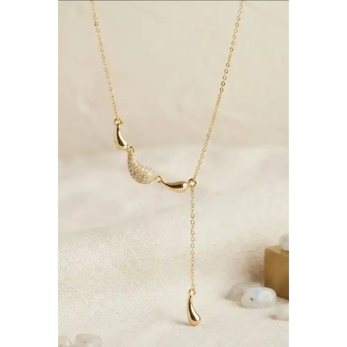 45 Cm Pirinç Gold Renk Zirkon Taşlı Damla Model Kadın Kolye - Tek Parça Takı BX-313633